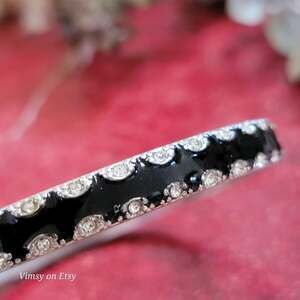 Black Enamel Clear Rhinestone Bangle Bracelet Scalloped Edge Narrow Band